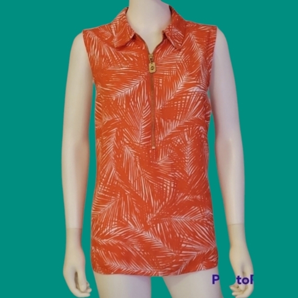 MICHAEL KORS Coral Tropical Leaf Sleeveless Half Zip Collared Blouse - Picture 1 of 8